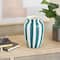 9.5" White & Teal Stripes Round Wide Ceramic Vase